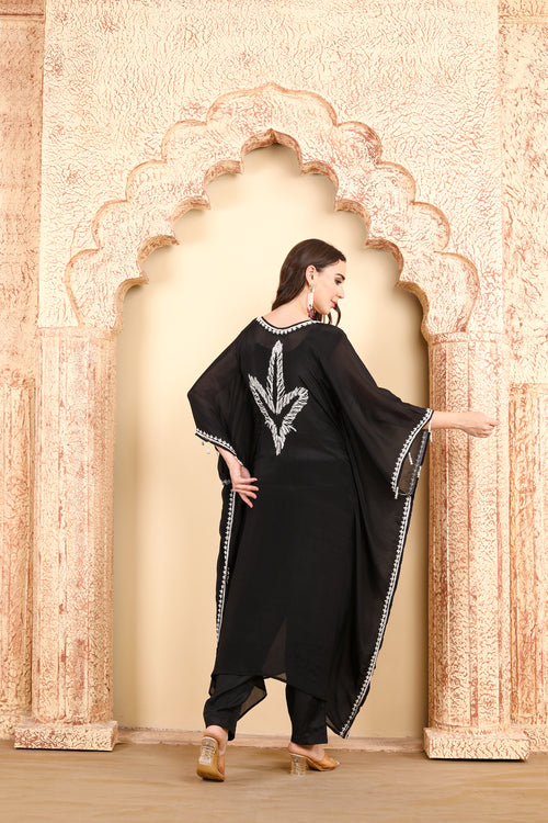 Elegant Black Kaftan with Silver Embroidery