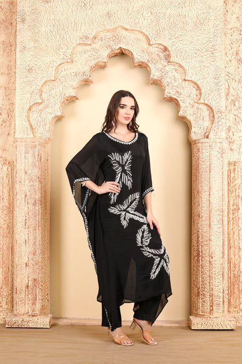 Elegant Black Kaftan with Silver Embroidery