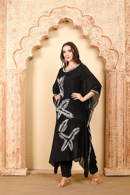 Elegant Black Kaftan with Silver Embroidery