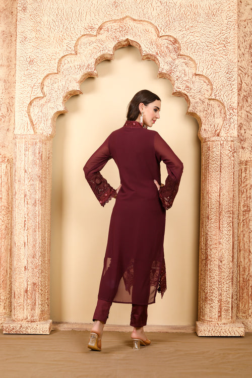 Burgundy Embroidered Three-Piece Ensemble