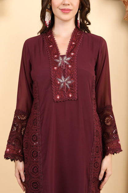 Burgundy Embroidered Three-Piece Ensemble