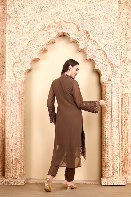 Elegant Brown Embroidered Ensemble - A Fusion of Tradition and Style