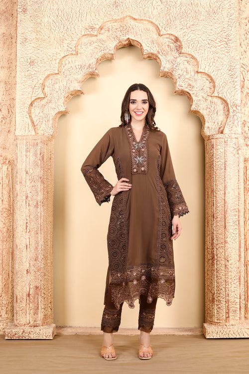 Elegant Brown Embroidered Ensemble - A Fusion of Tradition and Style