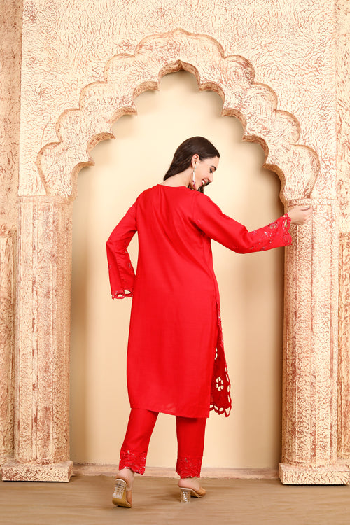 Vibrant Red Embroidered Ensemble