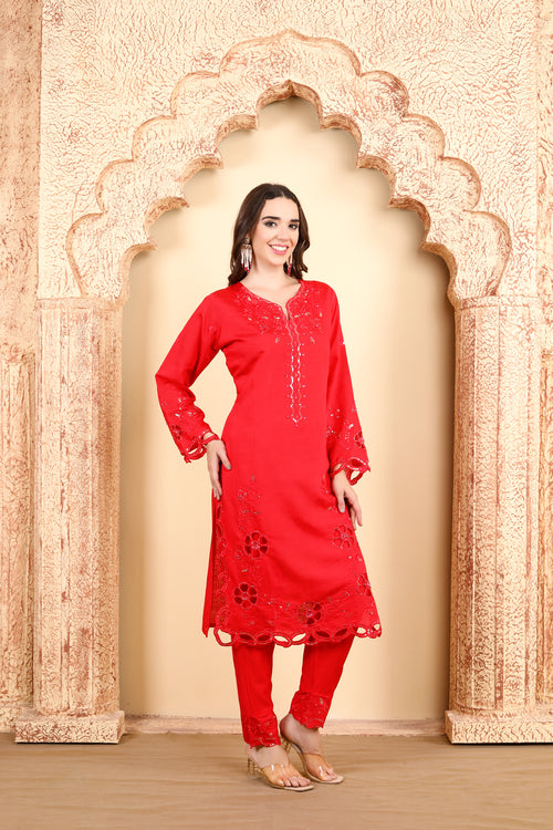 Vibrant Red Embroidered Ensemble