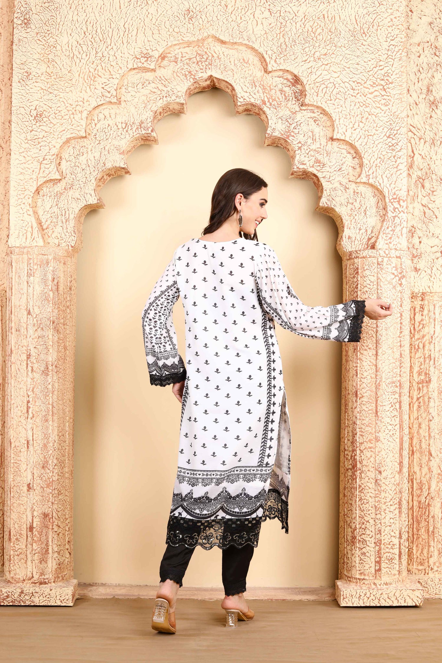 Monochrome White and Black Printed Kurta Set of three with Intricate Lace Border and Dupatta