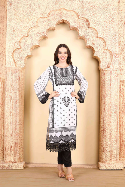 Monochrome White and Black Printed Kurta Set of three with Intricate Lace Border and Dupatta