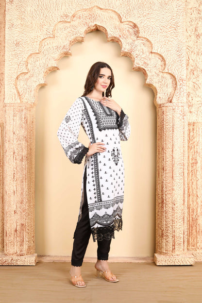 Monochrome White and Black Printed Kurta Set of three with Intricate Lace Border and Dupatta