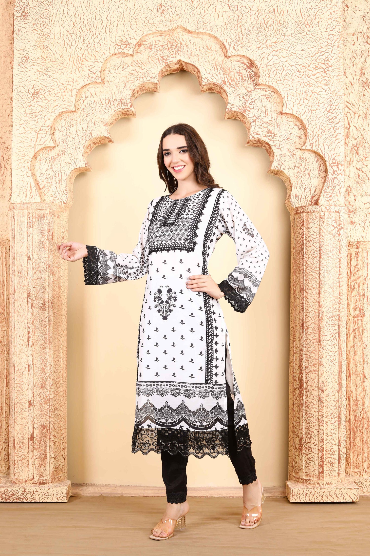 Monochrome White and Black Printed Kurta Set of three with Intricate Lace Border and Dupatta