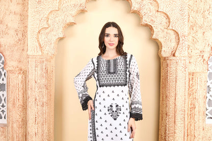 Monochrome White and Black Printed Kurta Set of three with Intricate Lace Border and Dupatta