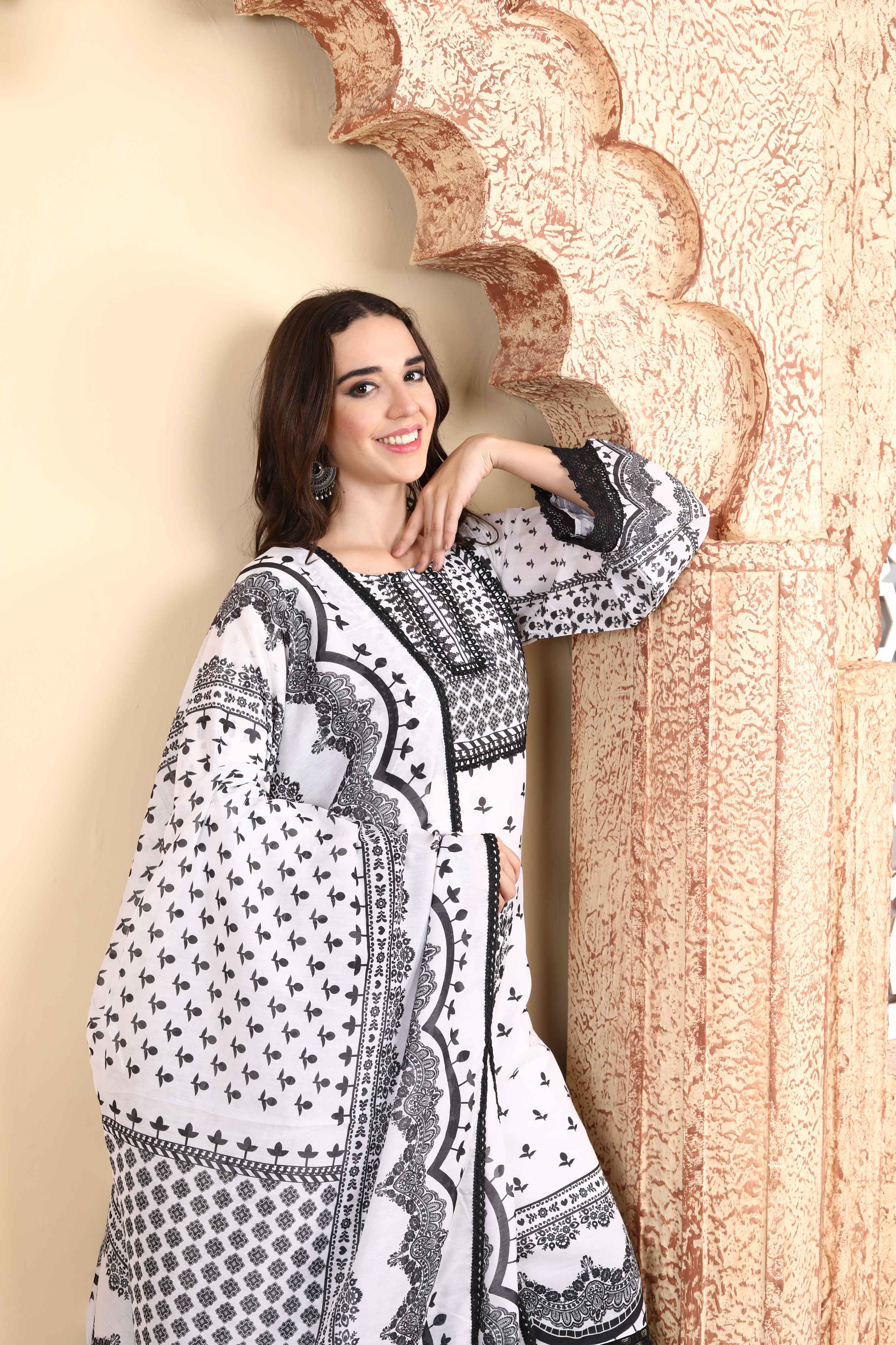 Monochrome White and Black Printed Kurta Set of three with Intricate Lace Border and Dupatta