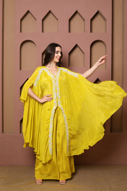 Elegant Yellow Kaftan Set with Embroidered Details