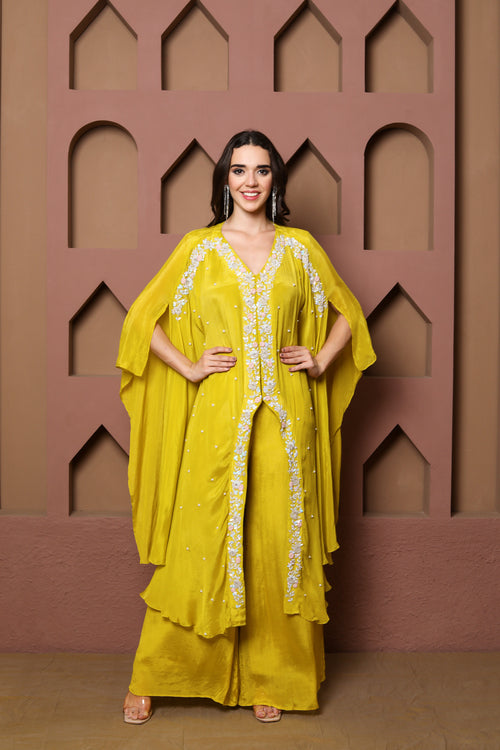 Elegant Yellow Kaftan Set with Embroidered Details