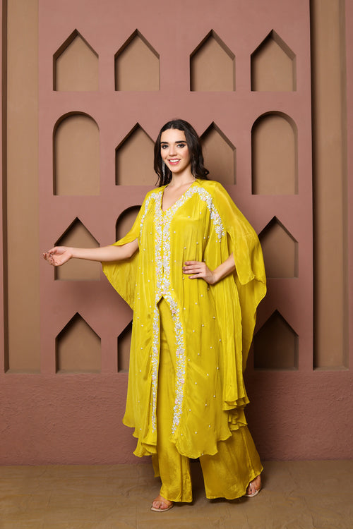 Elegant Yellow Kaftan Set with Embroidered Details