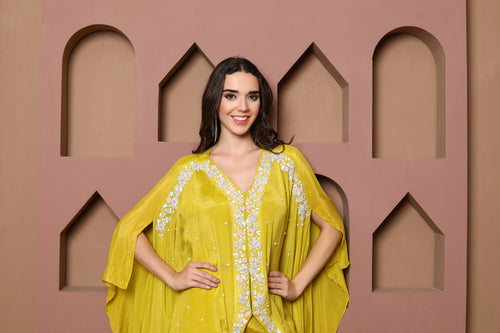 Elegant Yellow Kaftan Set with Embroidered Details