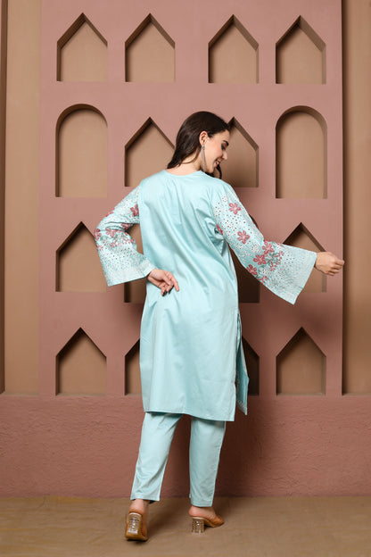 Seafoam Blue Embroidered lawn outfit, Kurta Set of three with Floral Accents and Coordinated Dupatta