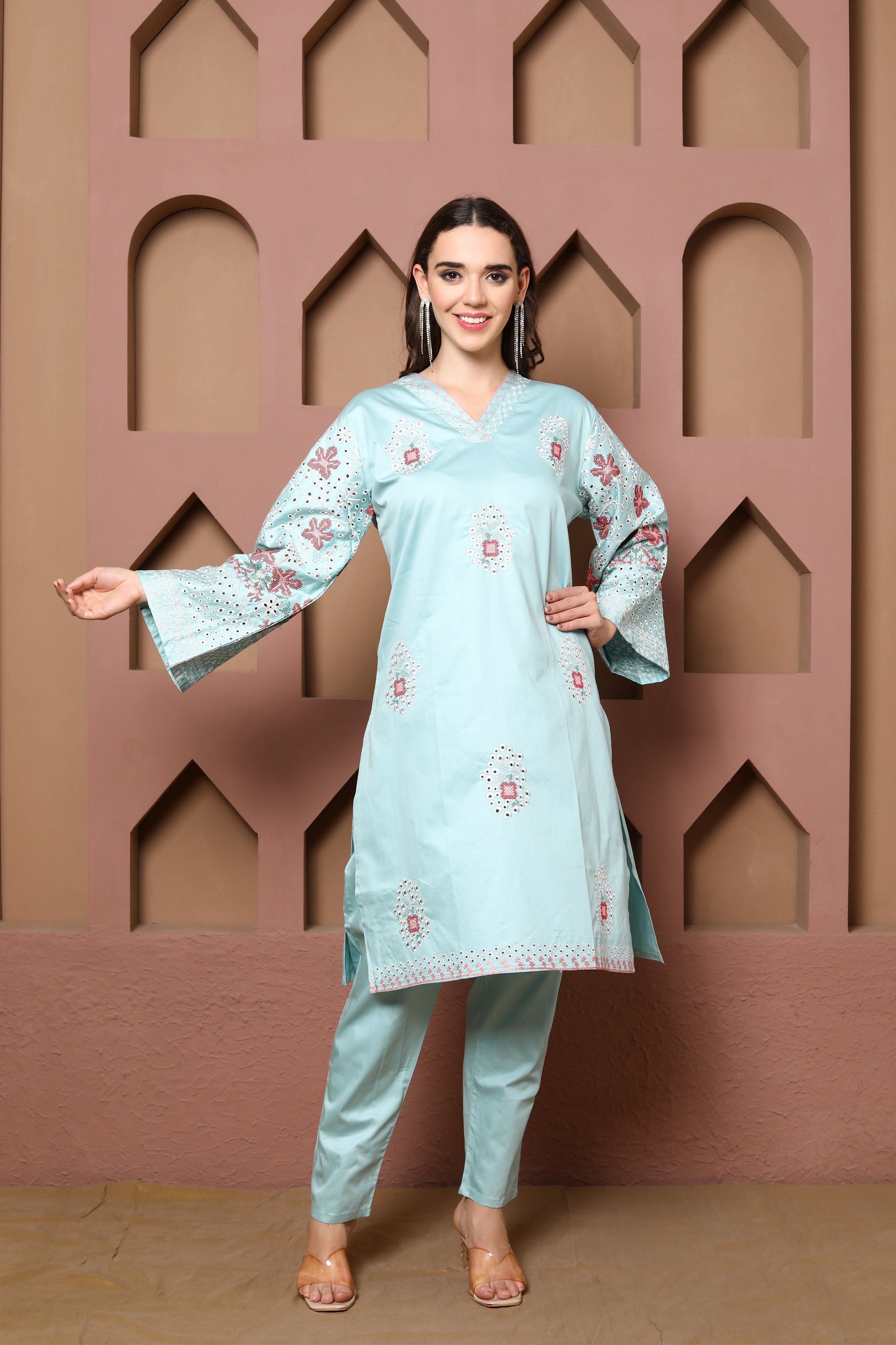 Seafoam Blue Embroidered lawn outfit, Kurta Set of three with Floral Accents and Coordinated Dupatta