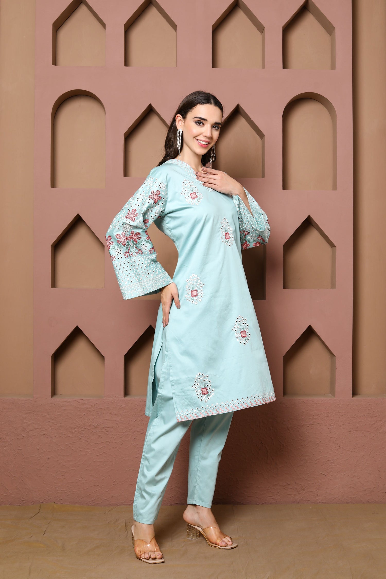 Seafoam Blue Embroidered lawn outfit, Kurta Set of three with Floral Accents and Coordinated Dupatta