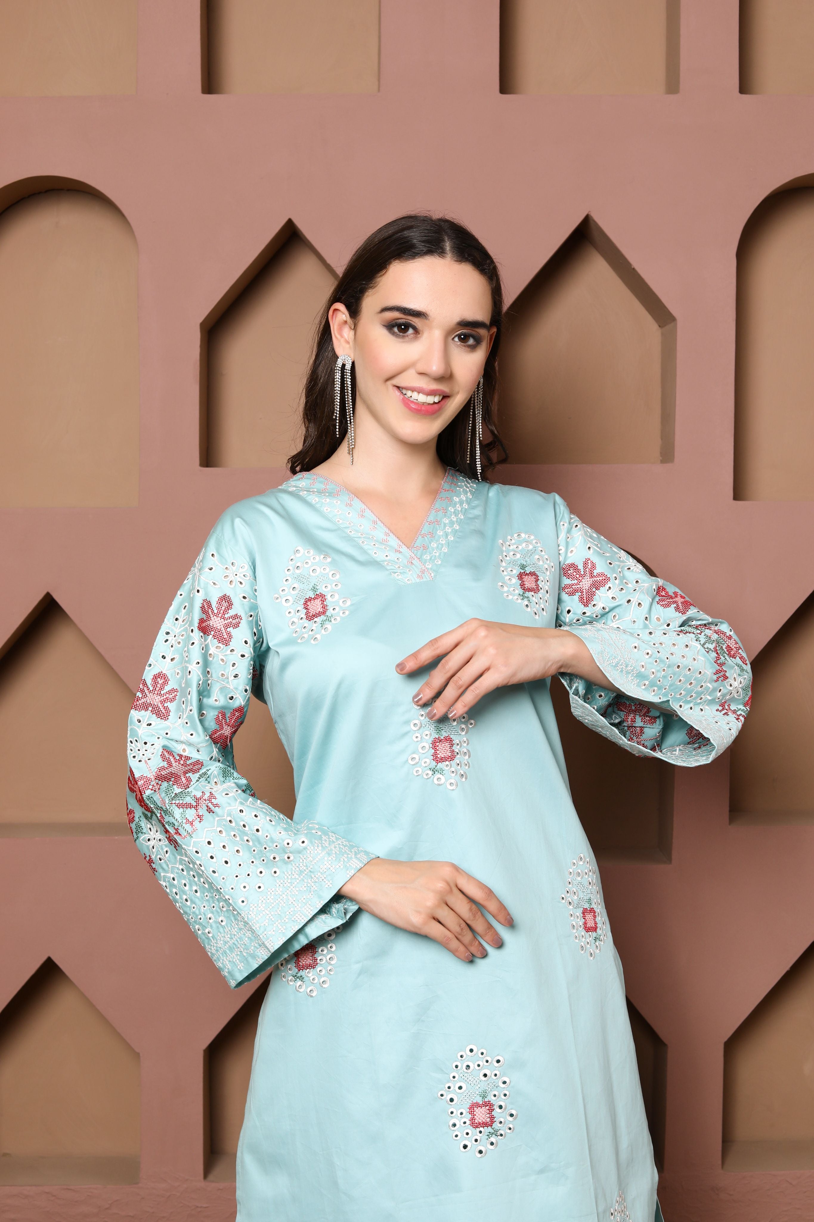 Seafoam Blue Embroidered lawn outfit, Kurta Set of three with Floral Accents and Coordinated Dupatta