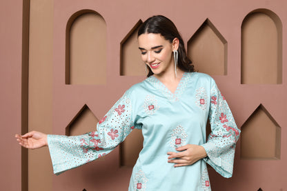 Seafoam Blue Embroidered lawn outfit, Kurta Set of three with Floral Accents and Coordinated Dupatta