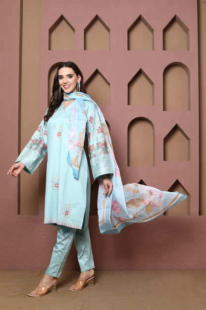 Seafoam Blue Embroidered lawn outfit, Kurta Set of three with Floral Accents and Coordinated Dupatta