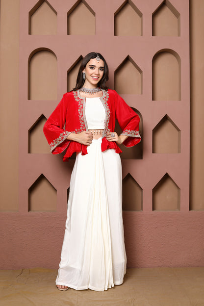 Elegant Red Embellished Jacket with Ivory Ensemble