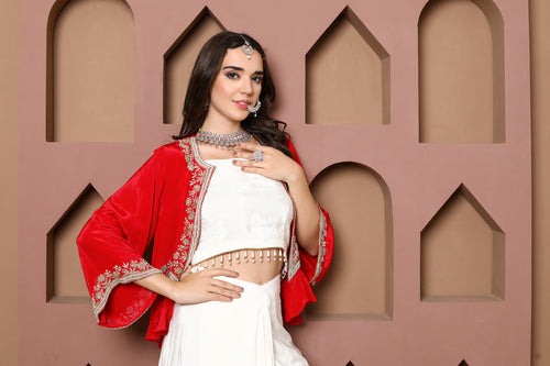 Elegant Red Embellished Jacket with Ivory Ensemble