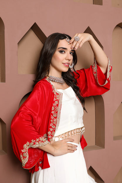 Elegant Red Embellished Jacket with Ivory Ensemble