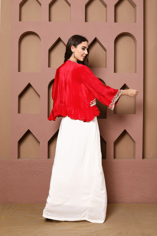 Elegant Red Embellished Jacket with Ivory Ensemble