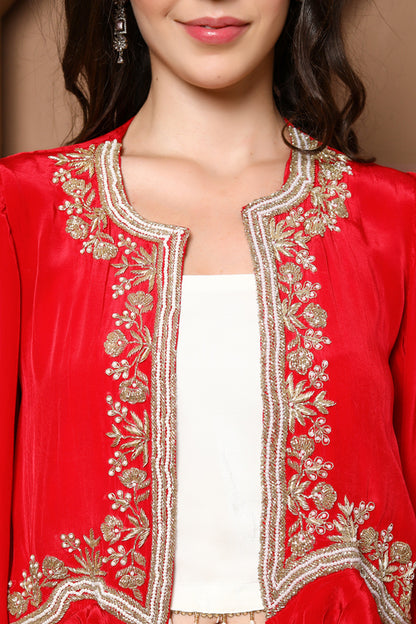 Elegant Red Embellished Jacket with Ivory Ensemble