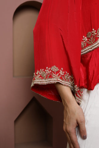 Elegant Red Embellished Jacket with Ivory Ensemble