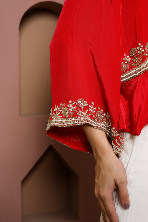 Elegant Red Embellished Jacket with Ivory Ensemble