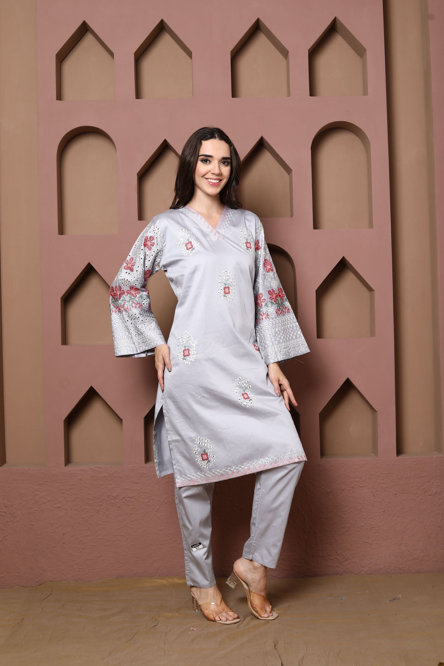 Light Grey Embroidered Kurta Set of three with Floral Detailing and Printed Dupatta