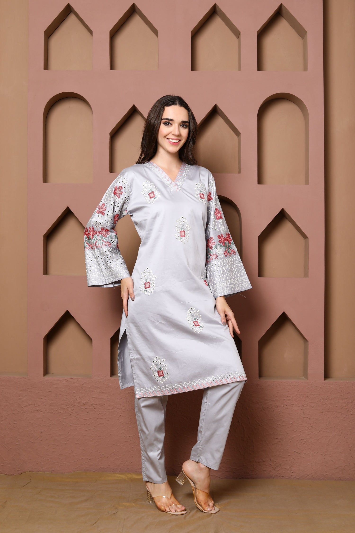 Light Grey Embroidered Kurta Set of three with Floral Detailing and Printed Dupatta