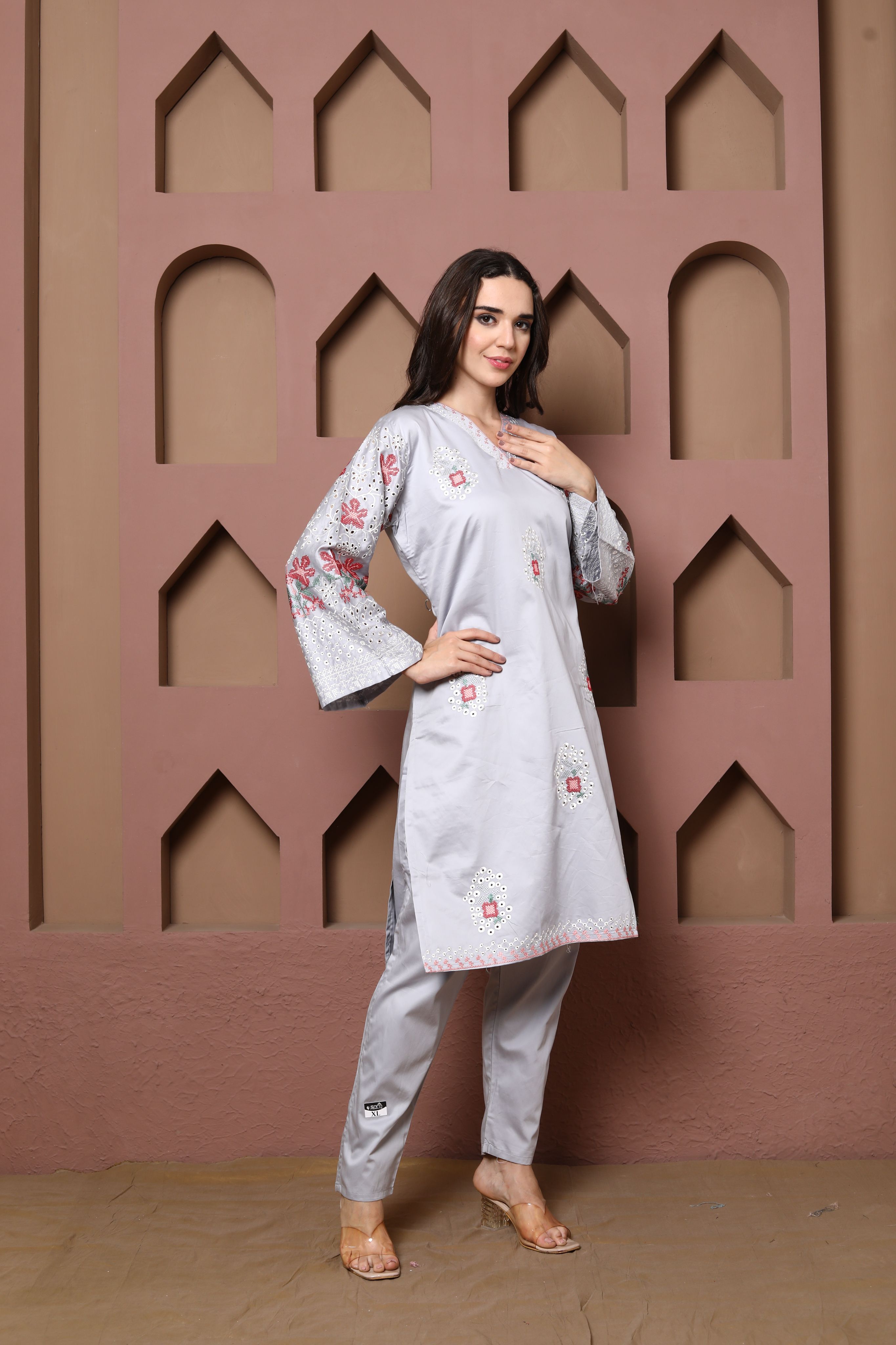 Light Grey Embroidered Kurta Set of three with Floral Detailing and Printed Dupatta