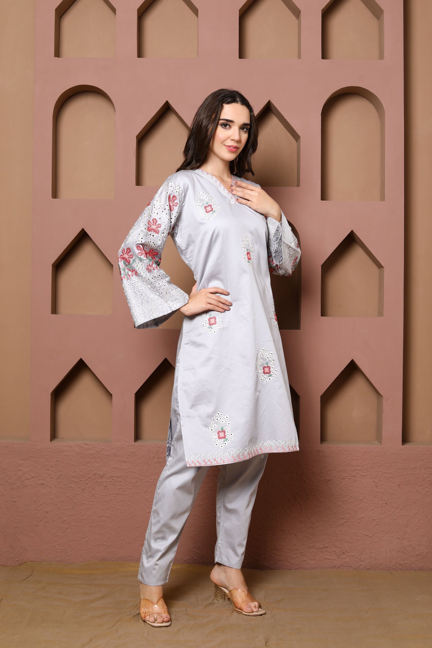 Light Grey Embroidered Kurta Set of three with Floral Detailing and Printed Dupatta