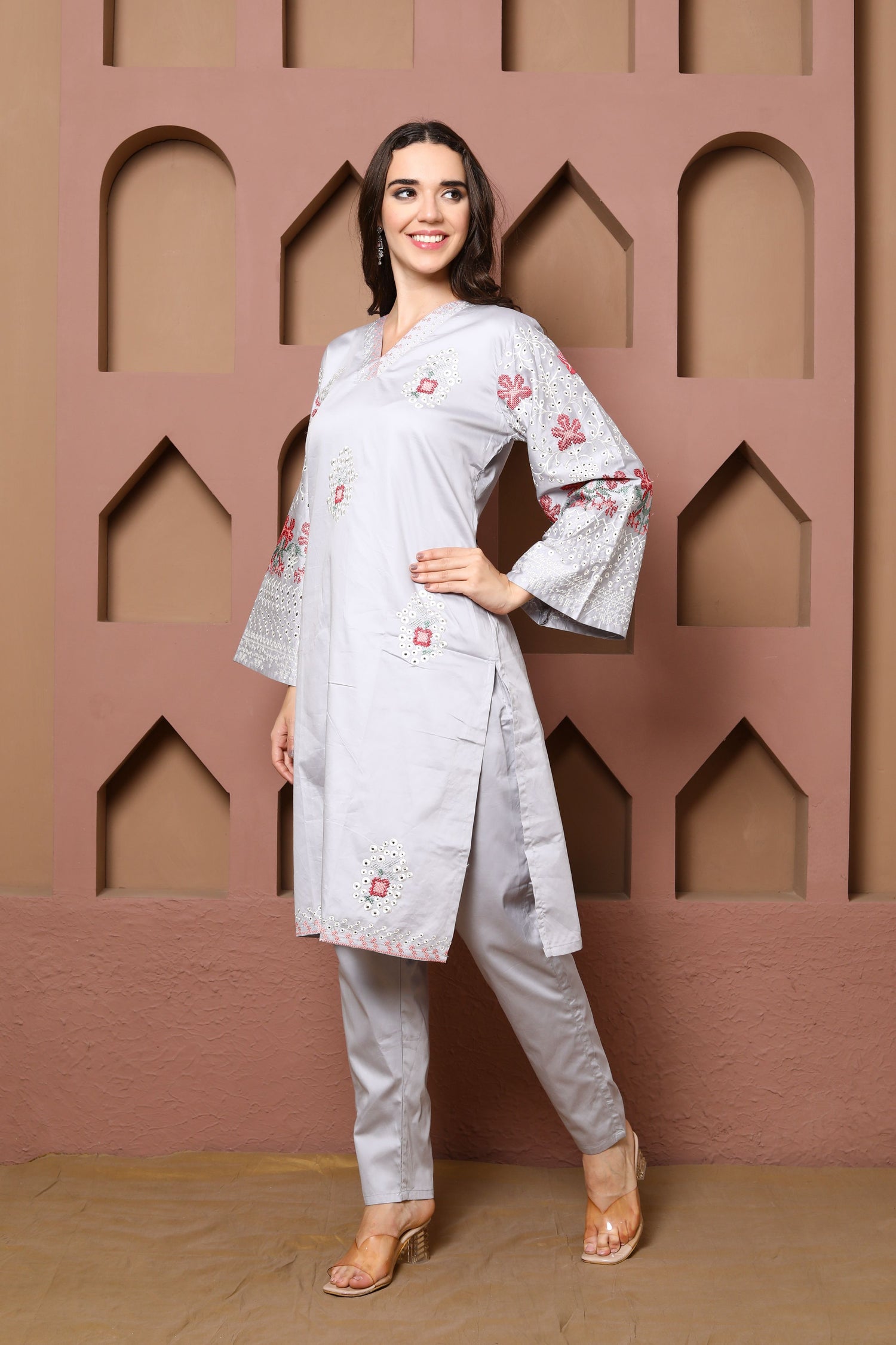 Light Grey Embroidered Kurta Set of three with Floral Detailing and Printed Dupatta