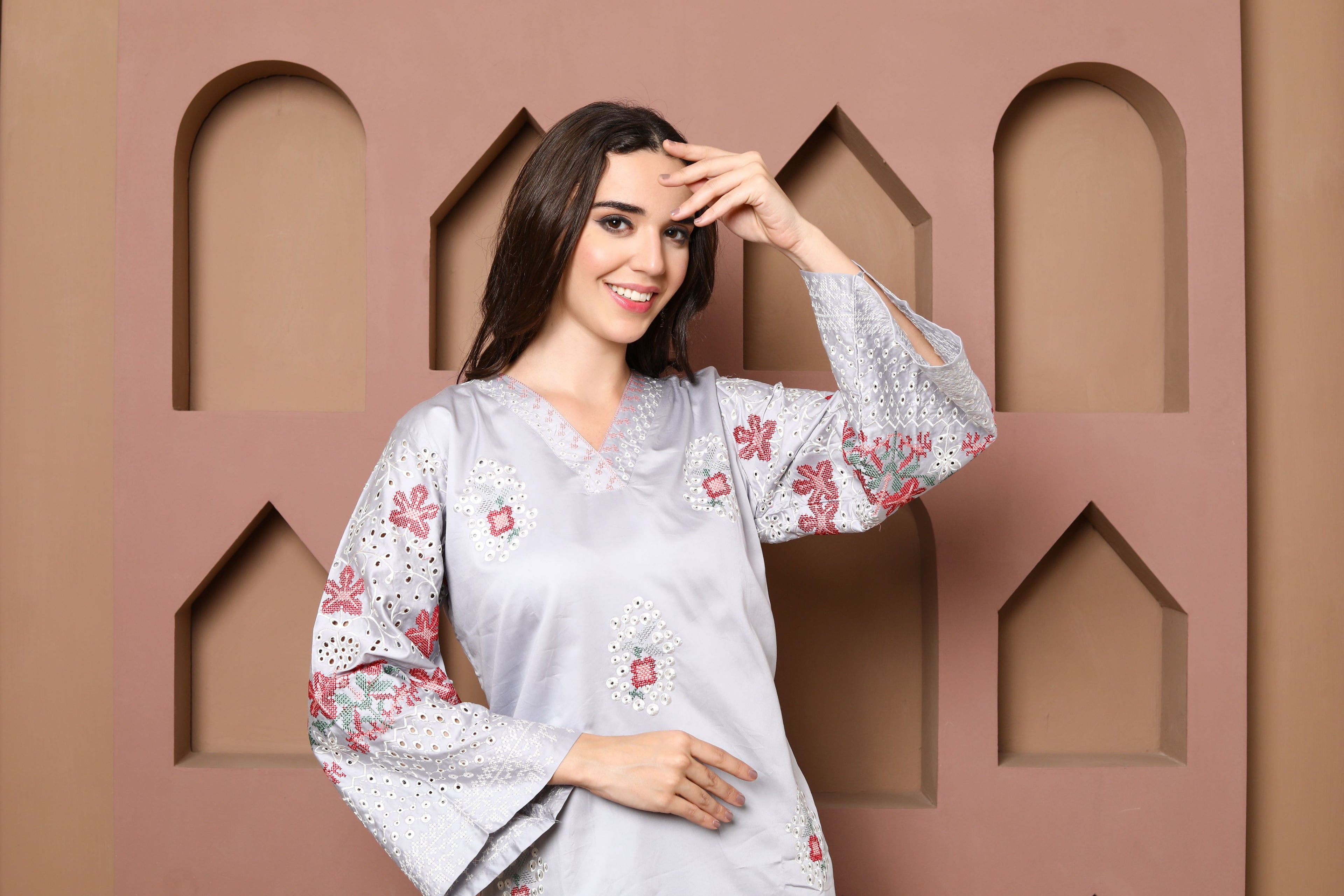 Light Grey Embroidered Kurta Set of three with Floral Detailing and Printed Dupatta