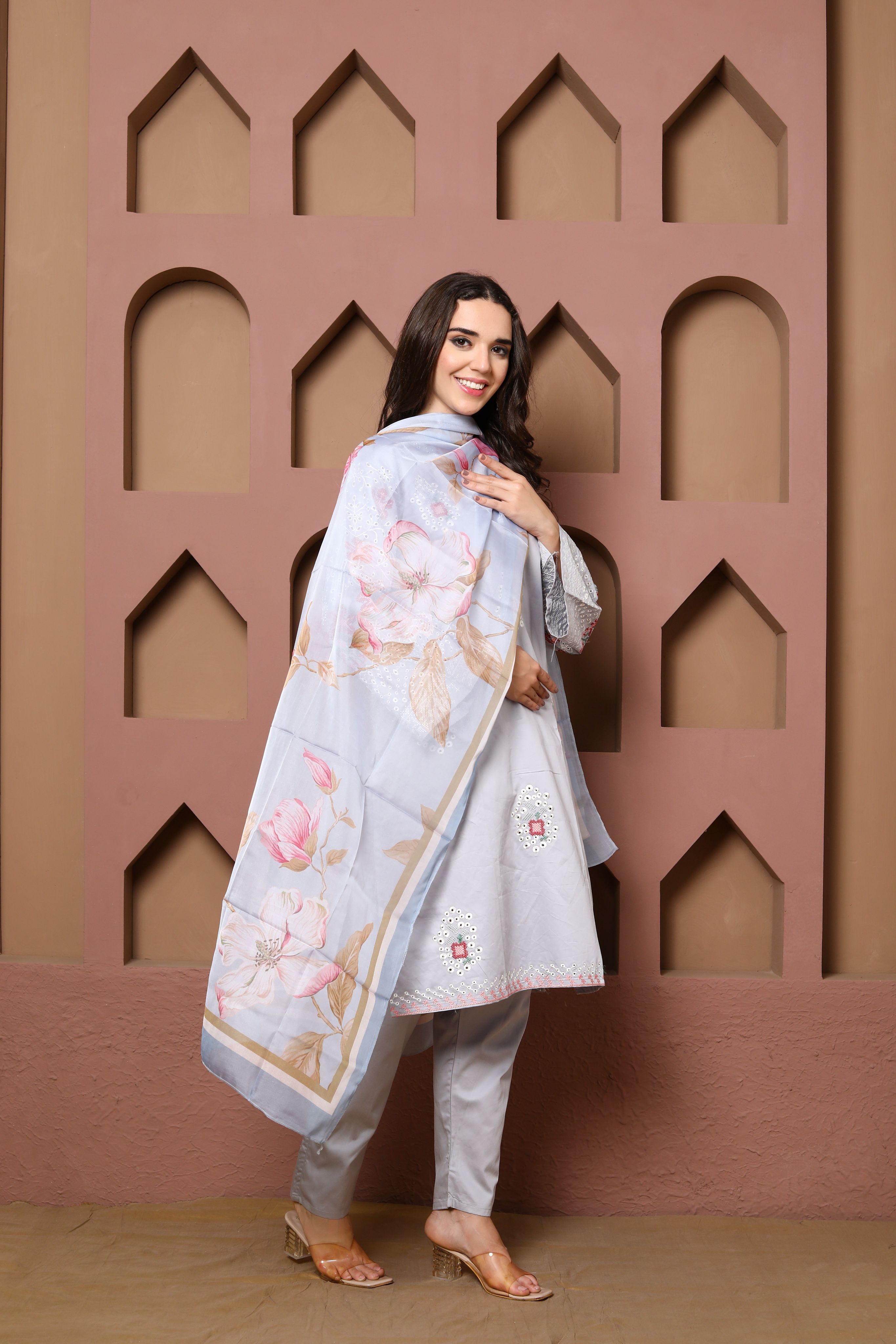 Light Grey Embroidered Kurta Set of three with Floral Detailing and Printed Dupatta