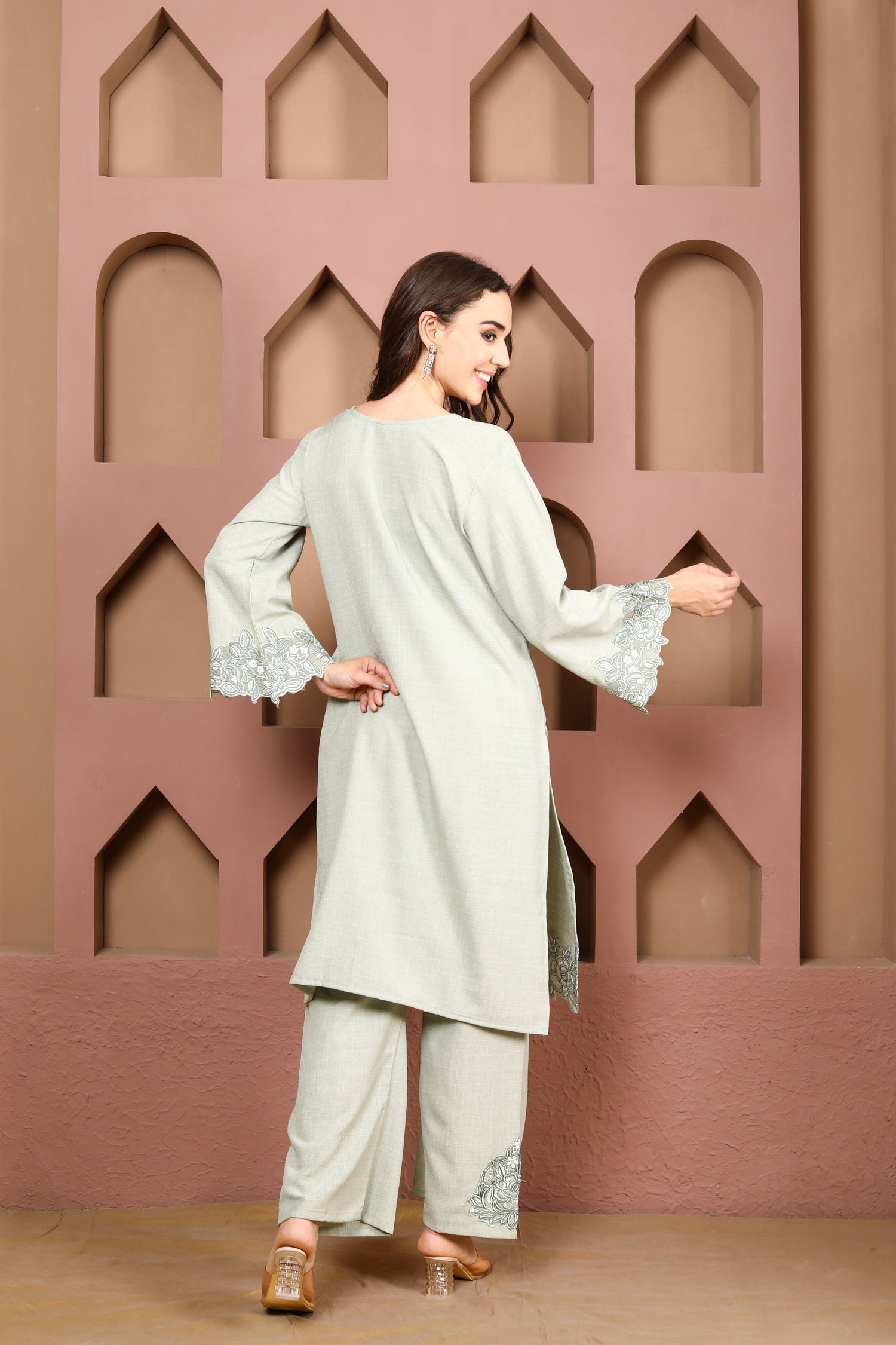 Elegant Sage Green Kurta Set of three with Floral Embroidered Accents and Matching Dupatta