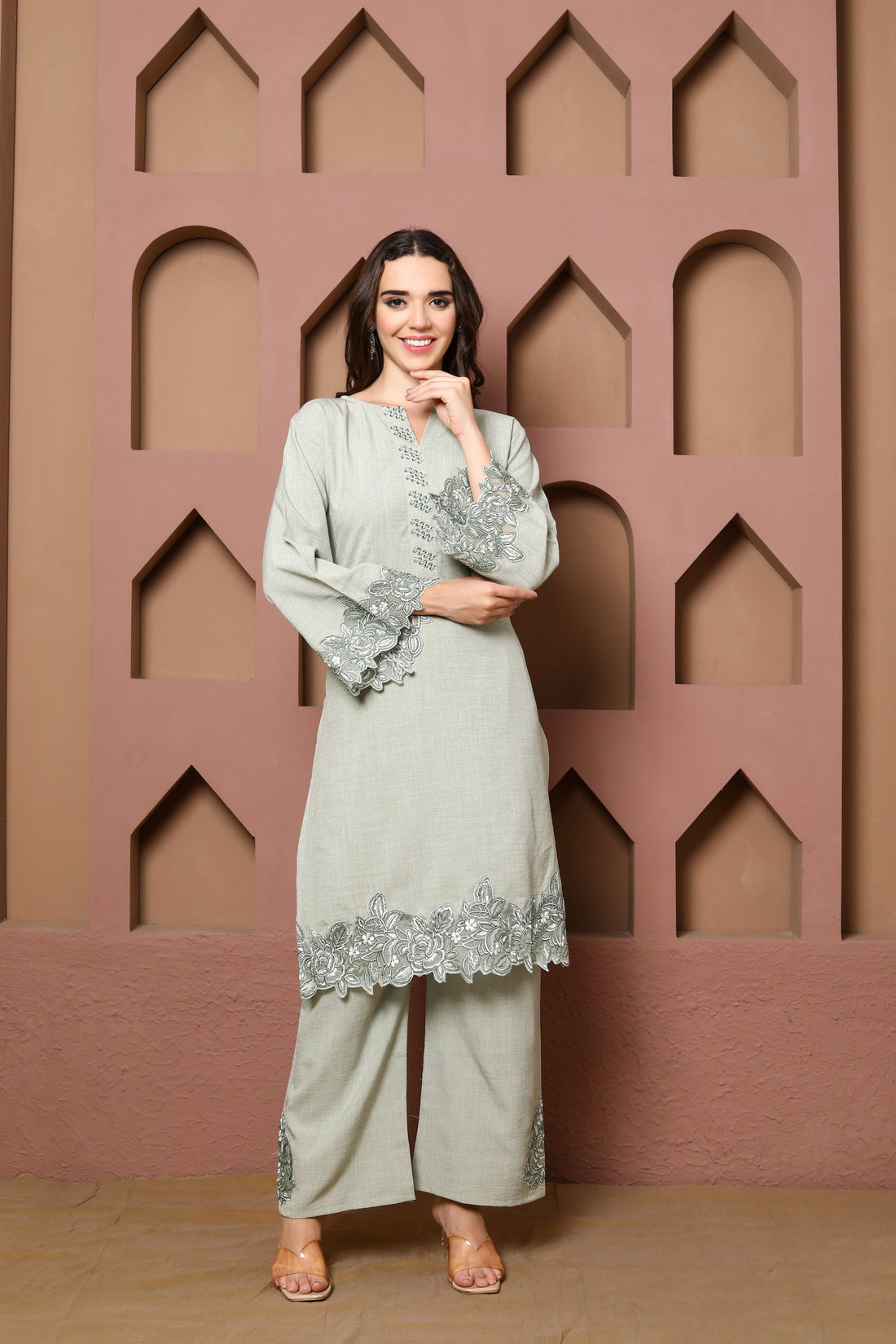 Elegant Sage Green Kurta Set of three with Floral Embroidered Accents and Matching Dupatta