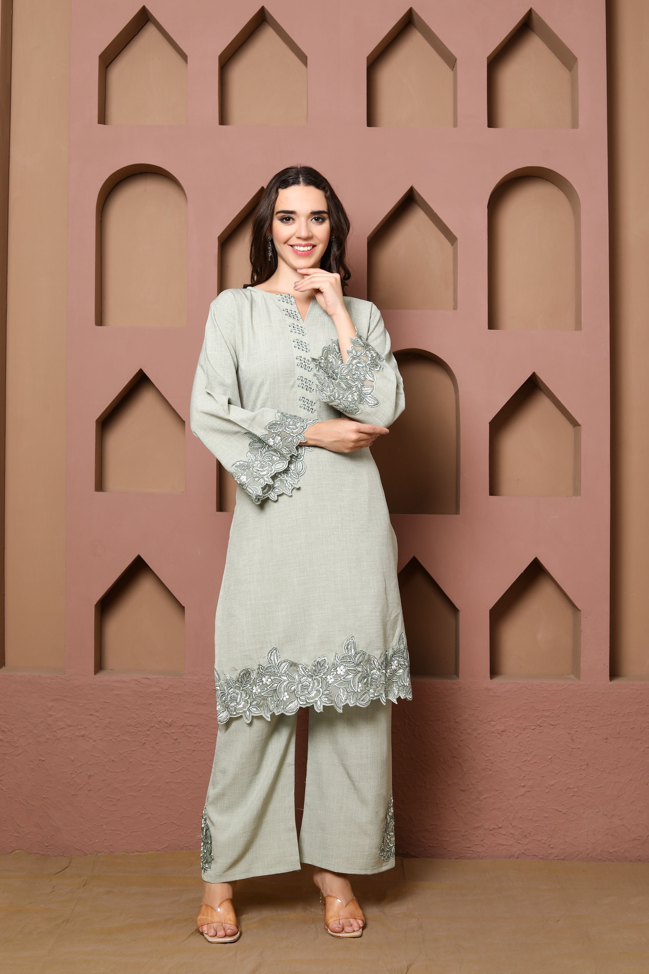 Elegant Sage Green Kurta Set of three with Floral Embroidered Accents and Matching Dupatta