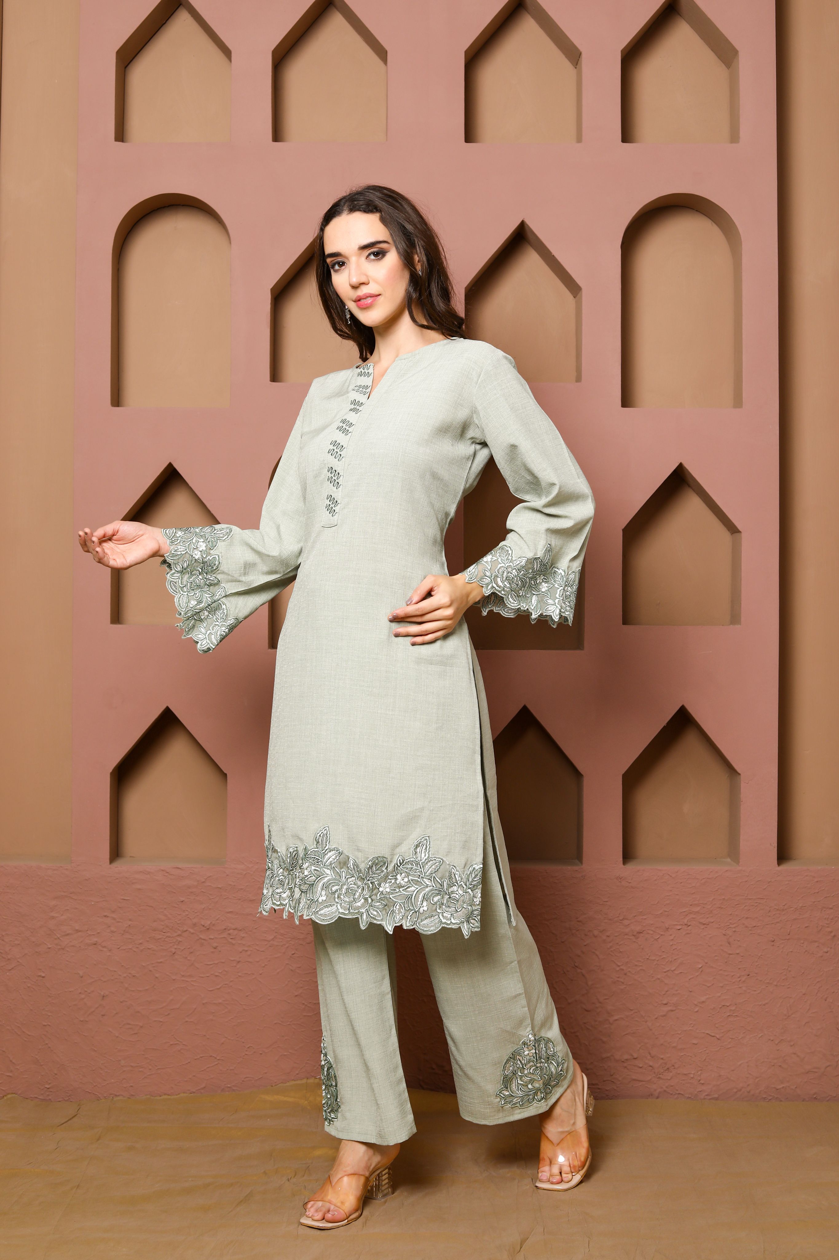 Elegant Sage Green Kurta Set of three with Floral Embroidered Accents and Matching Dupatta