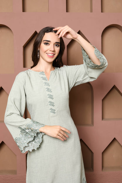 Elegant Sage Green Kurta Set of three with Floral Embroidered Accents and Matching Dupatta