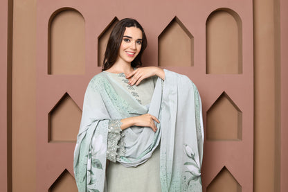 Elegant Sage Green Kurta Set of three with Floral Embroidered Accents and Matching Dupatta