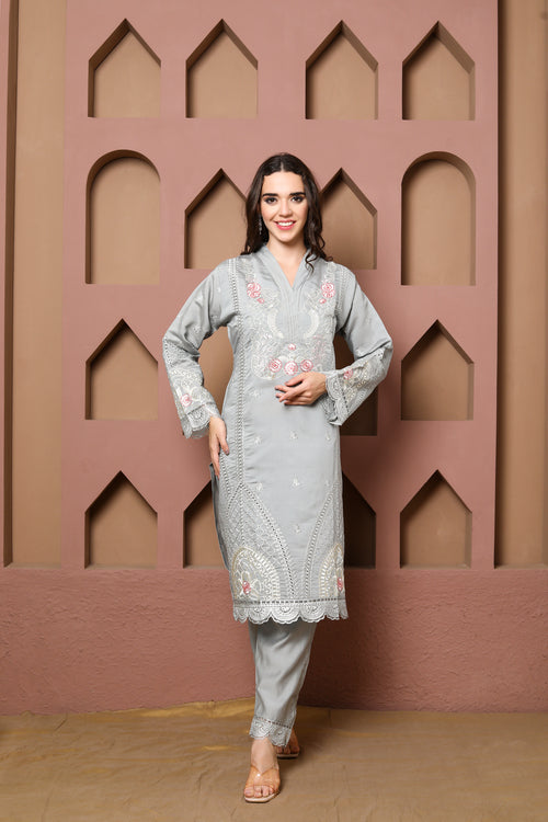 Elegant Gray Embroidered 3-Piece Ensemble