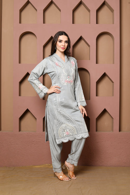 Elegant Gray Embroidered 3-Piece Ensemble