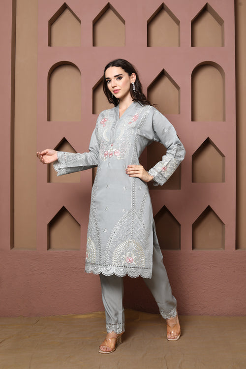 Elegant Gray Embroidered 3-Piece Ensemble