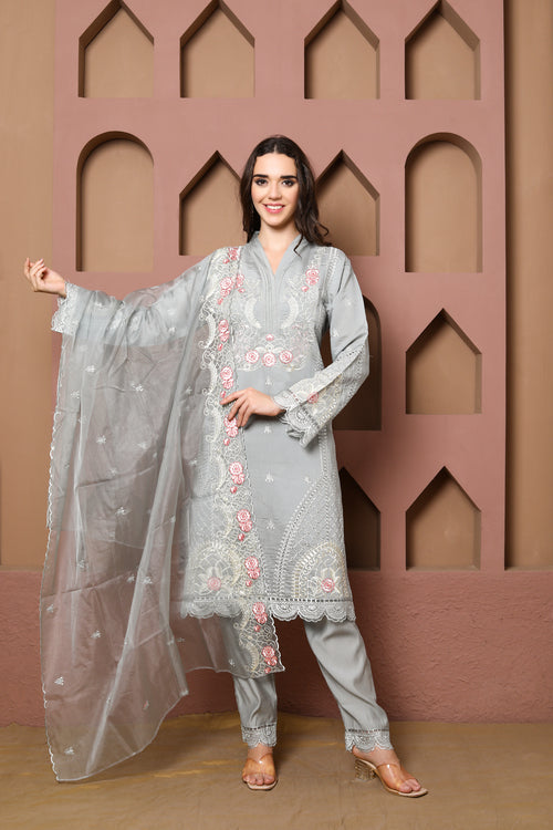 Elegant Gray Embroidered 3-Piece Ensemble