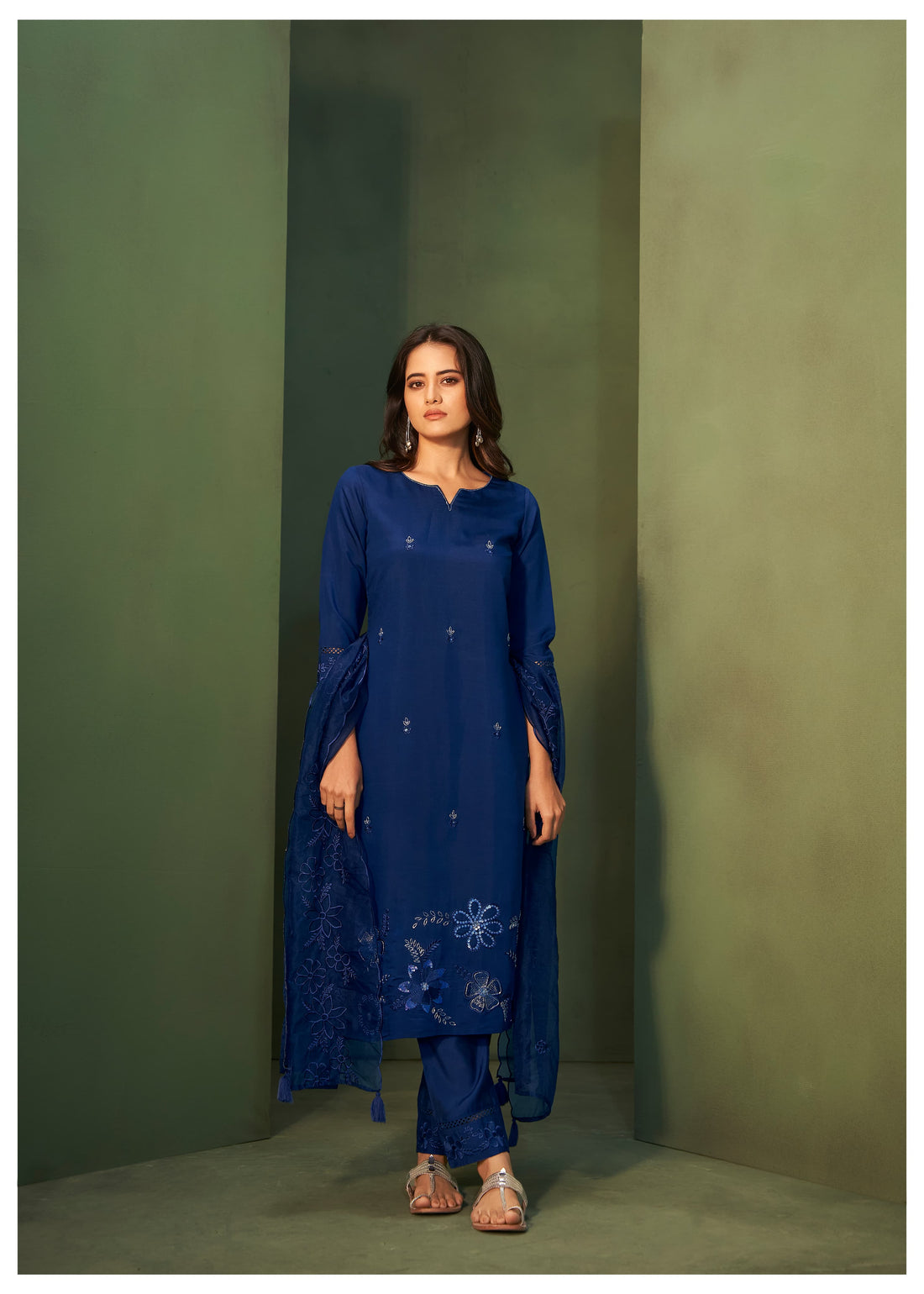 Elevate your ethnic wardrobe with this stunning blue Kurta, Pant, and Dupatta Set, perfect for any festive or special occasion.